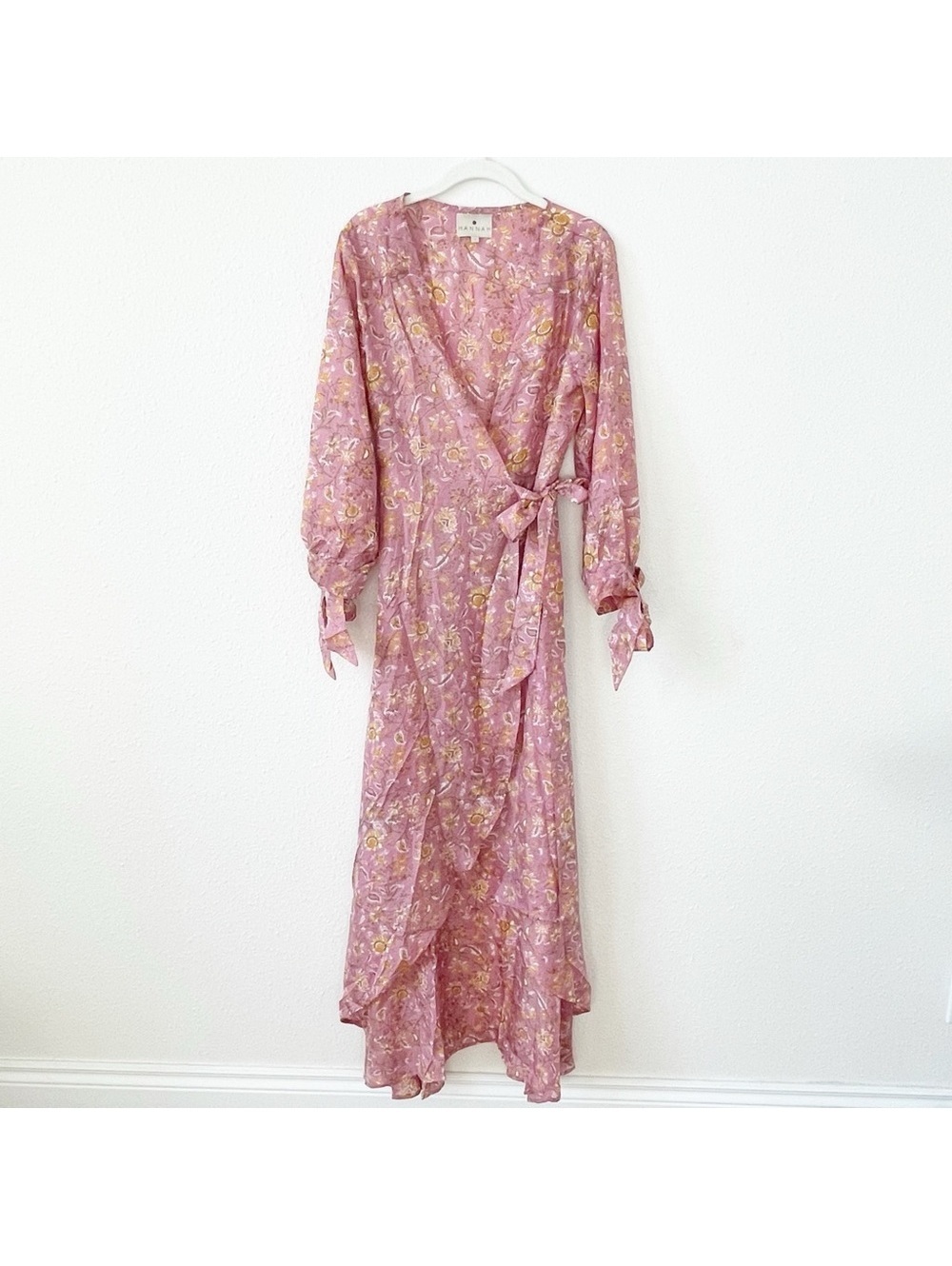 HANNAH ARTWEAR Luna Floral Silk Tie Cuff Maxi Wrap Dress in Sunrose Luxury